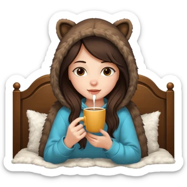 a brunette girl sitting cozily in her bed and a fur hoodie sipping coffee sticker