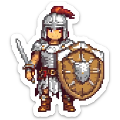 a gladiator with a large round shield, pixel art style sticker