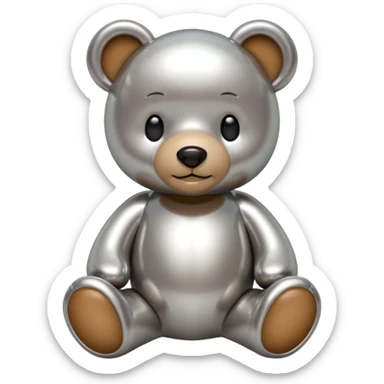 A cute teddy bear emoji made of liquid silver chrome, smooth rounded body, glossy metallic surface, soft reflections, friendly proportions, iOS emoji style, centered, clean white background sticker