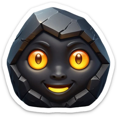 Single black obsidian rock character, thick and heavy with sharp facets and subtle reflections, carved cute face with glowing round eyes and a small smile, 3D render, high detail, soft backlighting, isolated on a plain dark background. sticker