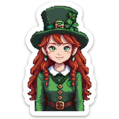 girl with red hair and brown eyes with a leprechaun sticker