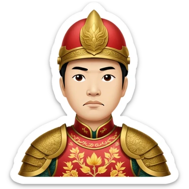 Trần Hưng Đạo – Cinematic Realistic Portrait of Trần Hưng Đạo, depicted as a revered Vietnamese general in traditional armor with a determined gaze, rendered with intricate historical textures and dynamic lighting that highlights his legendary martial spirit and leadership. sticker
