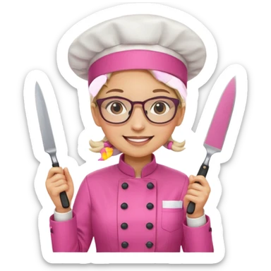 female italian chef, pink uniform, wearing glasses, holding knife sticker