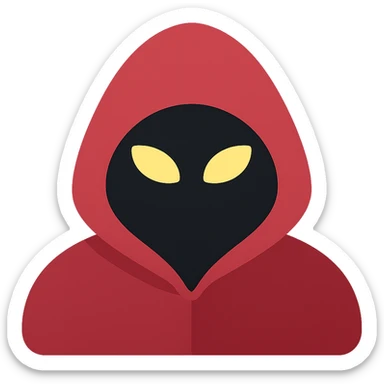 Convert to a color icon style with a mysterious hooded figure, deep red hood, glowing eyes, rich red and black tones, no background. sticker