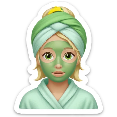 Chica rubia con mascarilla verde y una tualla de baño en la cabeza sticker