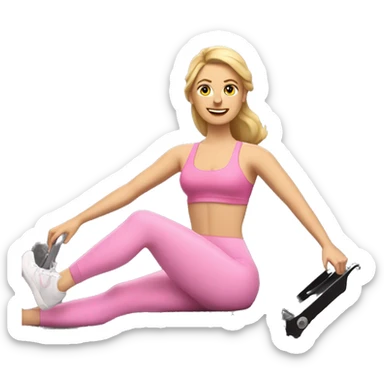 white woman on a pilates reformer machine, wearing a pink sports bra and pink leggings, also wearing a tiara  sticker