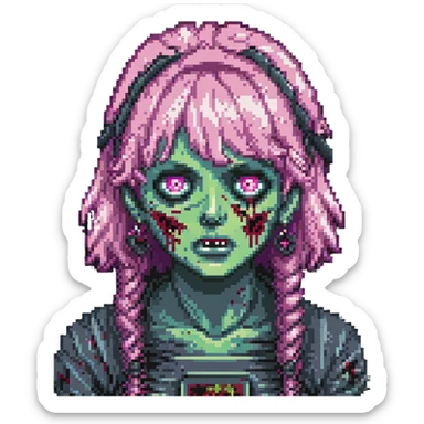 close-up face of girl zombie with pink hair and bangs, pixel art style sticker