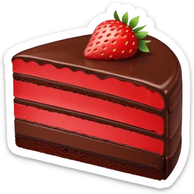slice of chocolate cake showing layers with a single fresh strawberry on top sticker