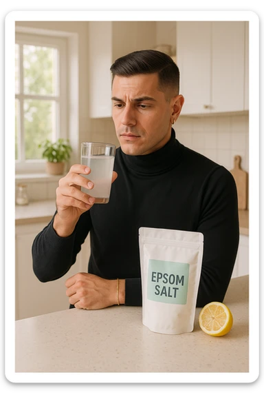 A realistic, bright photo-style image of a young man in his 30s standing in his kitchen, holding a clear glass filled with water in which Epsom salt (magnesium sulfate) has been dissolved. He looks focused but slightly uncertain as he prepares to drink it for a liver flush or digestive cleanse. The glass shows slight cloudiness from the dissolved salt. On the counter are a packet labeled 'Epsom Salt' and a sliced lemon, suggesting he might use it to mask the taste. The setting is clean, natural, and bright with neutral tones. The background shows sunlight streaming through a window, emphasizing a clean, minimalist health-focused environment. The mood conveys a realistic, calm moment of self-care with a hint of discomfort, illustrating a natural detox practice in italiano sticker