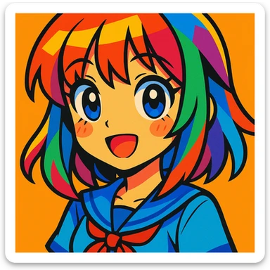 anime girl, big eyes, colorful hair, vibrant toon style sticker