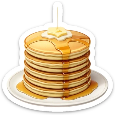 Cinematic fluffy golden pancakes, stacked high, drizzled with maple syrup, topped with fresh butter melting on top, light dusting of powdered sugar, warm and inviting, soft glow and mouthwatering. sticker