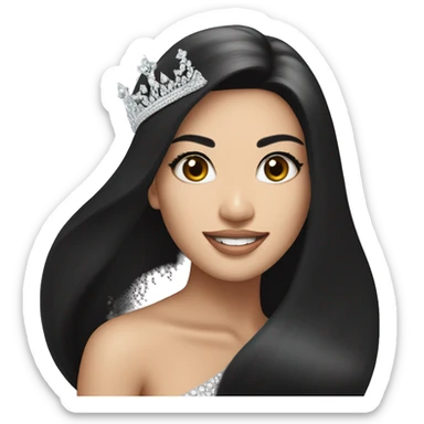 Miss universe south east Asian with very long straight black hair with a crown sticker