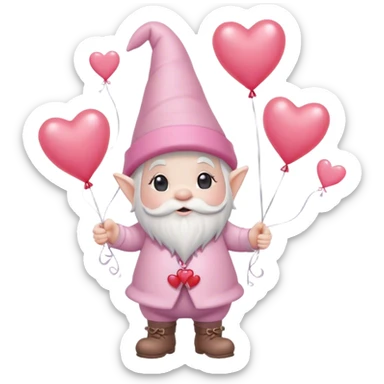An adorable little pale pink Valentine’s Day style gnome holding balloons with hearts floating in the background sticker