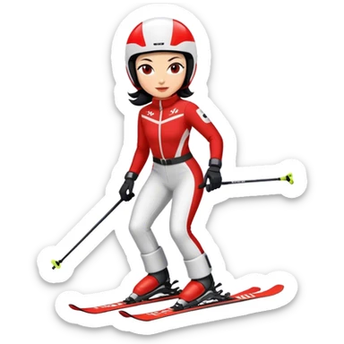 Ski racer downhill woman red white dress black hair  sticker