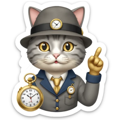 Chess cat pointing at a pocket watch wearing a hat sticker