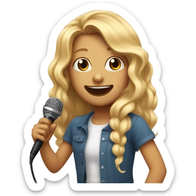 An emoji of a young girl with long blonde hair, holding a microphone and singing passionately, with a joyful expression on her face sticker