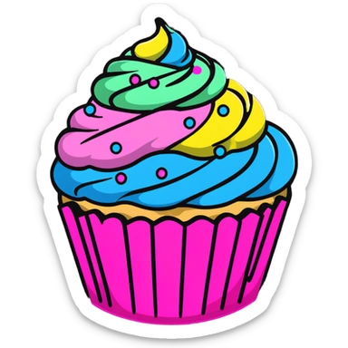 cupcake with swirled pink icing and rainbow sprinkles sticker