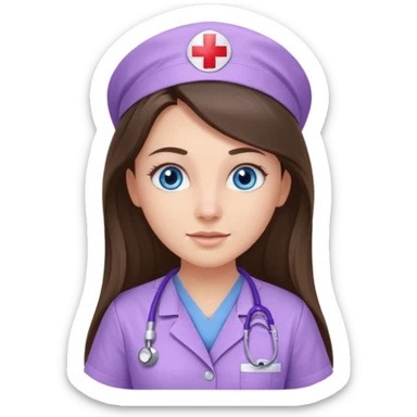 pretty brunette nurse with long hair and blue eyes in lilac scrubs sticker