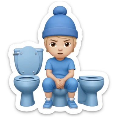3D cartoon child with a slightly different face, wearing the same style blue hat and blue outfit, sitting on a toilet, angry expression, arms crossed, pastel children’s animation style." sticker