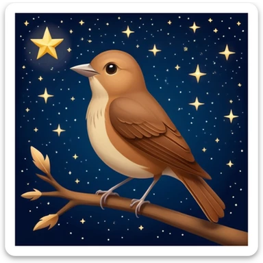 nightingale bird singing, small brown songbird against starry sky sticker