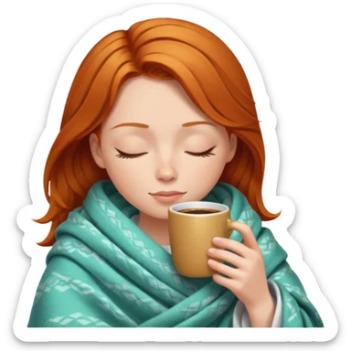 girl with ginger hair inside a blanket sipping coffee eyes closed sticker