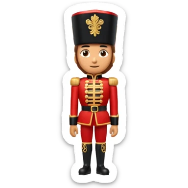 3D emoji of a majestic
Nutcracker soldier standing in front of a stylized Bolshoi Theatre facade. Snowy winter atmosphere, theatrical gold and red colors. High-quality 3D render, glossy plastic and wood textures, isolated on a white background. sticker