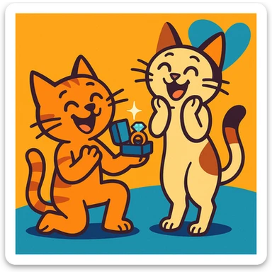 one happy cat proposing marriage to another happy cat, cartoon style, joyful, expressive, with a ring or proposal gesture sticker
