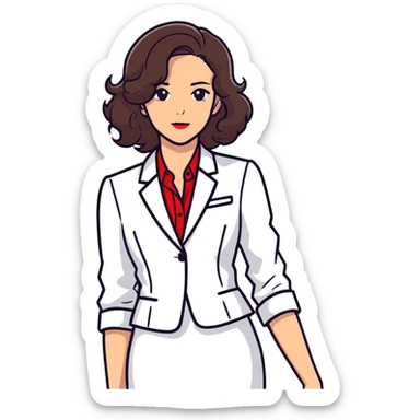 brunette woman with wavy hair, wearing a white dress shirt and red blazer sticker