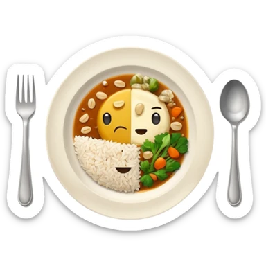  dirty plate after eating, leftover food scraps, vegetable pieces, rice grains, sauce stains on the plate, fork and spoon placed beside the platerealistic food leftovers, clean and simple background, soft lighting, high quality, emoji style sticker