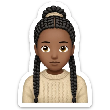 Her black skin glows warmly under the natural light, enhanced by the gentle textures of her knitted beige sweater and black hair in cornrows. her serene expression brings a quiet strength to the portrait.  sticker