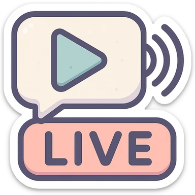 playful and modern icon for live stream, vector look with shadows and highlights, detailed shading, thin clean outlines, soft rounded features, pastel palette #98B5BC #B5B3C1 #C9A3C9 #E4C0CA #F7DCD1 #F7C0AA, Japanese pop art style, sticker look, highly detailed, transparent background sticker