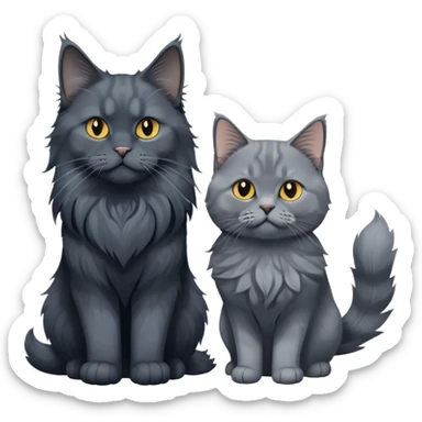 Portrait of a black smoke Maine Coon cat with long grey ear tufts, alongside a British Shorthair cat with a solid blue coat. Both cats with detailed fur textures and playful expressions. Soft, elegant background with warm, natural tones. Transparent background. sticker