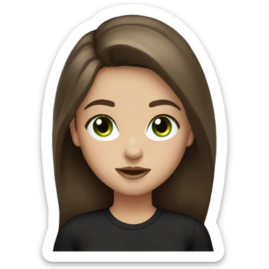 Girl with long brown hair, green eyes , long eyelashes, full lips and freckles with black shirt sticker