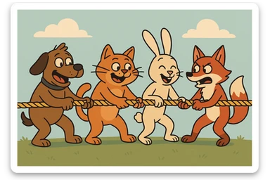 team of animals pulling a rope together, teamwork, fun, colorful sticker