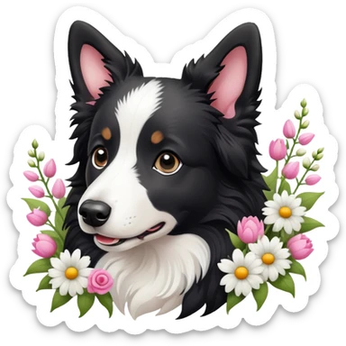 A cute  little  Black and white Border Collie and flower sticker