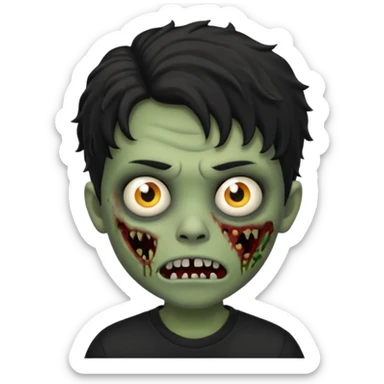 a boy with wavy hair, a zombie-shaped mouth piercing hum, and black hair with a black shirt too sticker