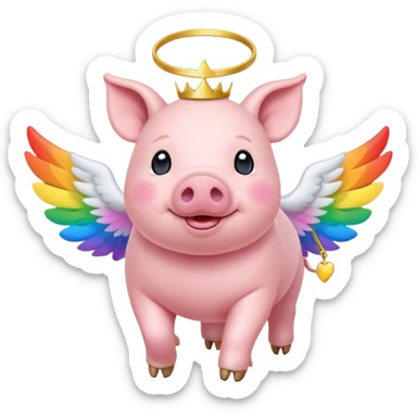 small pink pig with white wings and golden halo walking on rainbow bridge sticker