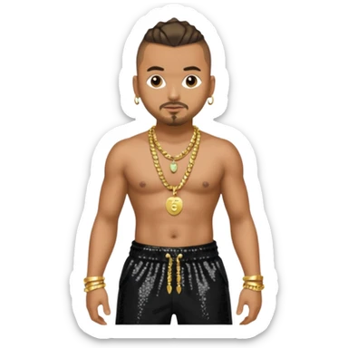 Sean Paul with black sequin baggy pants, shirtless with necklace sticker
