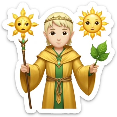 {
      "type": "human",
      "look": "light elf healer, golden robe, staff with leaf and sun",
      "description": "a light elf healer wearing a golden robe and holding a staff with leaf and sun no face"
    } sticker