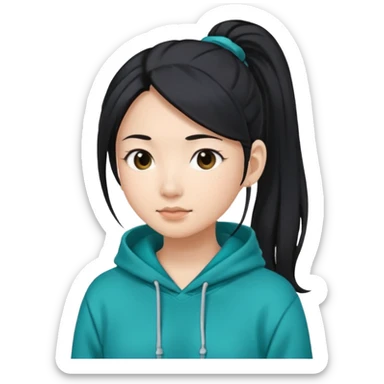 generate an asian female with long black hair in a ponytail and a teal hoodie sticker