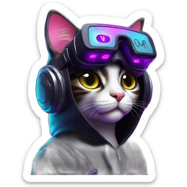 funny cat wearing a black hoodie with "OMG" letters on it and VR headset in a cyberpunk VR environment with violet neon lighting. sticker