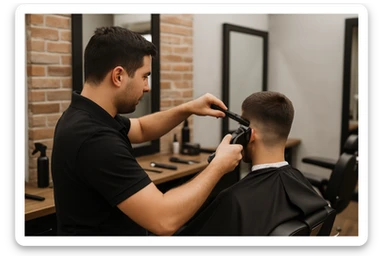 yuzi ko'rinmasin sartaroshxonada ishlayotganini tasvirlab ber sticker