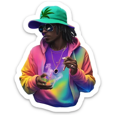 Hemp leaves Multicoloured neon person smoking wearing hoodie dancing hip hop bucket hat tropical Skater fashion aesthetic baggy clothes graphic t shirt 420 sticker