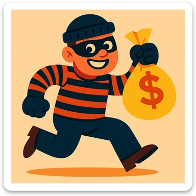 playful illustration of a robber character with mask, striped shirt, and money bag sticker