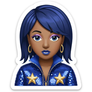 Missy Elliott with jet black hair, indigo sequin outfit sticker