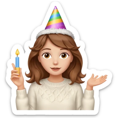 A pretty white girl with hazel brown eyes and brown wavy hair in a cosy white knit sweater, she is celebrating her birthday sticker