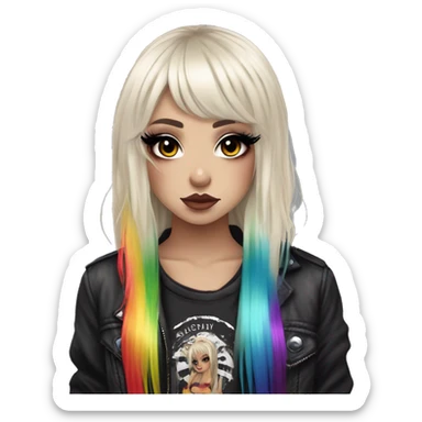 hime gyaru girl, long platinum blonde hair with rainbow fringe, tattoos, dark makeup, goth grunge clothes sticker