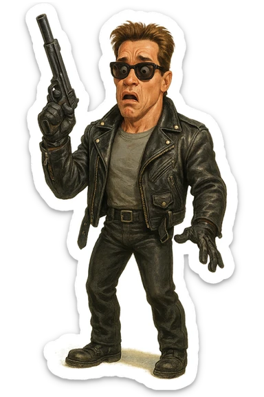 Full-body Terminator Arnold Schwarzenegger in leather jacket, surprised face, holding a gun raised, realistic painted cartoon style sticker