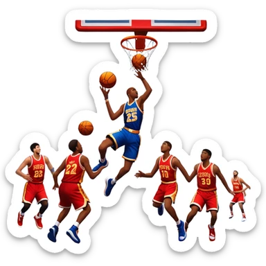 An icon showing a basketball court with players in action, inspired by NBA 2K25. A player jumps for a dunk, the ball mid-air, surrounded by a vibrant basketball arena with cheering fans and bright lights. Transparent background emphasizes the intense atmosphere sticker