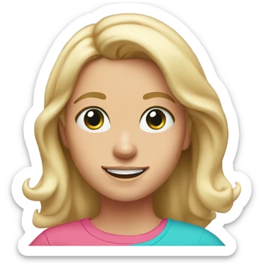blonde girl with shoulder length hair, blue-green eyes, brown eyebrows, freckles and pink t-shirt, she is smiling  sticker